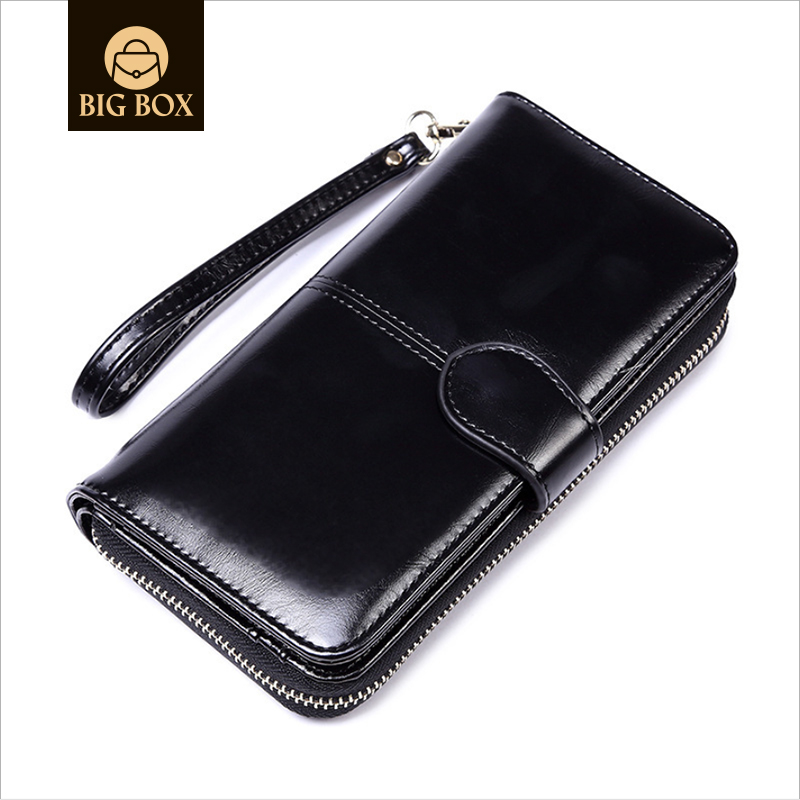 BigBox Womens Multi-card Position Wallet Bifold Ladies Cluth Wristlet Wrist strap Oil Wax Leather Retro Long Purse brown one size