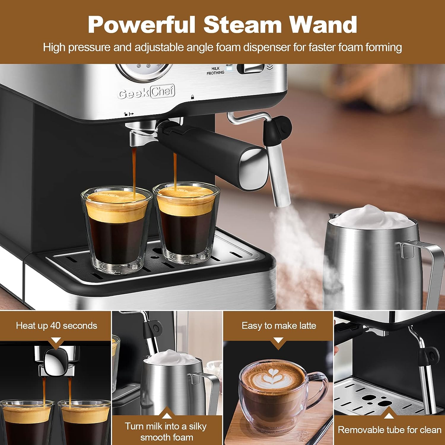 Espresso Coffee Maker Machine, Cappuccino, Mocha, & Latte Maker 15 Bar Fast Heating Espresso Coffee machine with Milk Frother Wand for Cappuccino, Semi Automatic 1.6L ,850w commercial Coffee maker