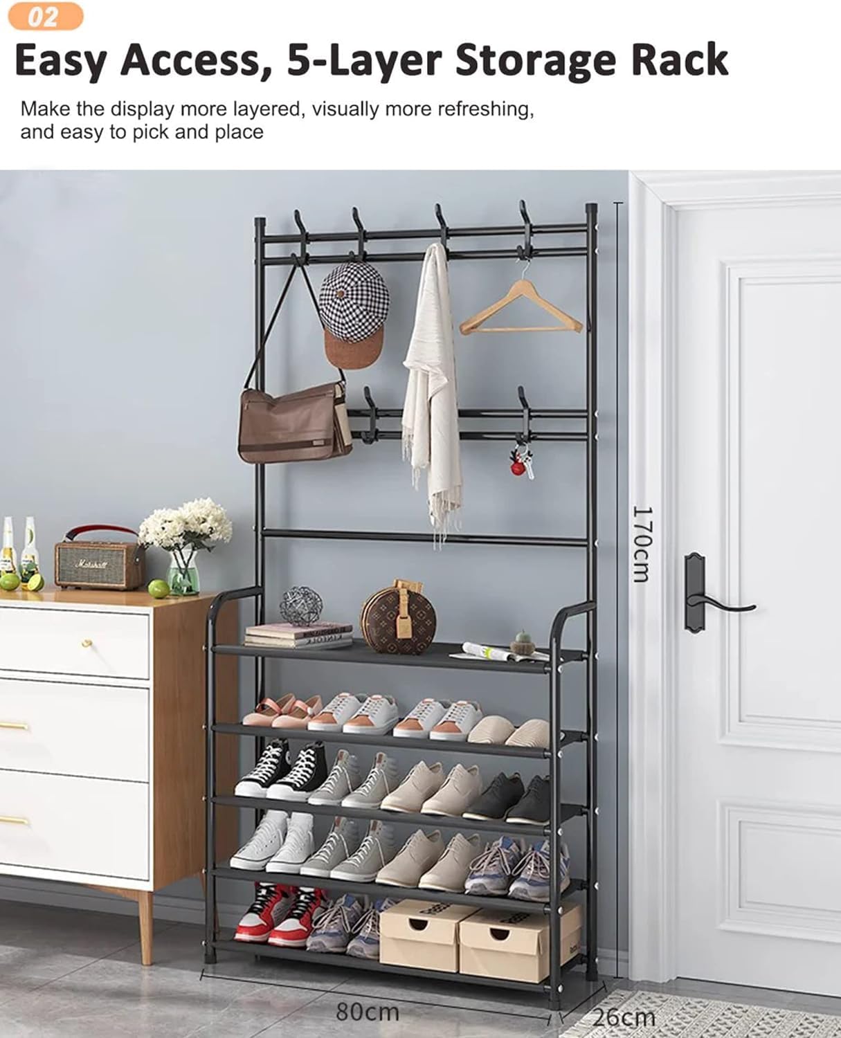 5-layer Simple Assemble Shoe Rack Floor Coat and Hat Rack Shoe Integrated Household Storage Bedroom Living room Bathroom Hangers hall rack