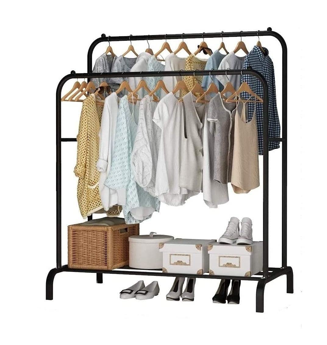 Classic Multipurpose Double Garment Rack Heavy Duty Metal Cloth Rail with 2 Bottom Shelf Coat Jacket Hanging Hanger Shoe Stand for Home, Hotel, Shop Wardrobe Space Organizer