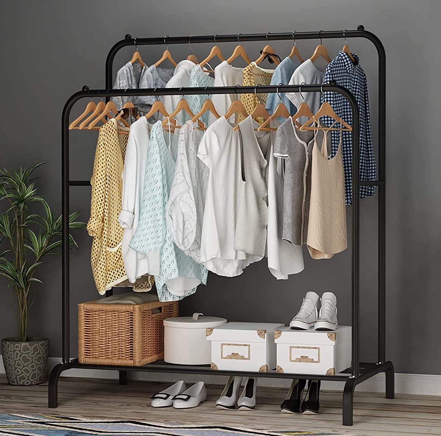 Classic Multipurpose Double Garment Rack Heavy Duty Metal Cloth Rail with 2 Bottom Shelf Coat Jacket Hanging Hanger Shoe Stand for Home, Hotel, Shop Wardrobe Space Organizer