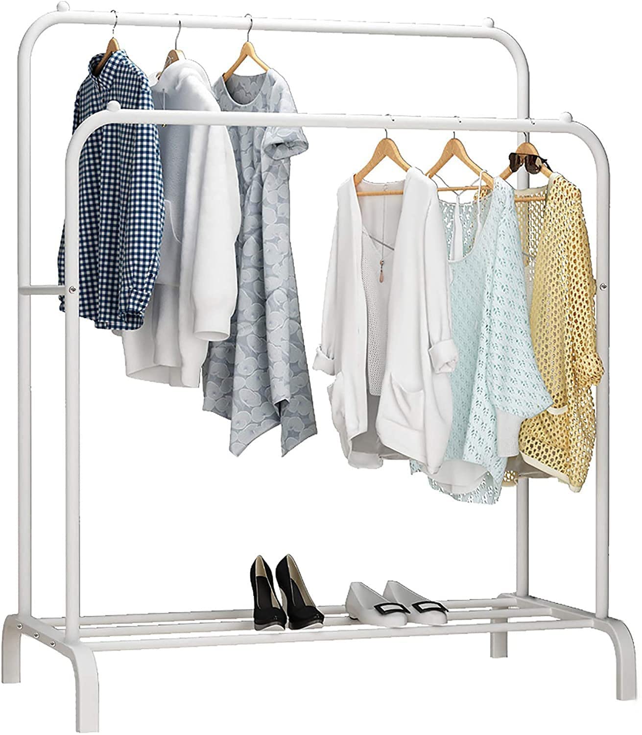 Classic Multipurpose Double Garment Rack Heavy Duty Metal Cloth Rail with 2 Bottom Shelf Coat Jacket Hanging Hanger Shoe Stand for Home, Hotel, Shop Wardrobe Space Organizer