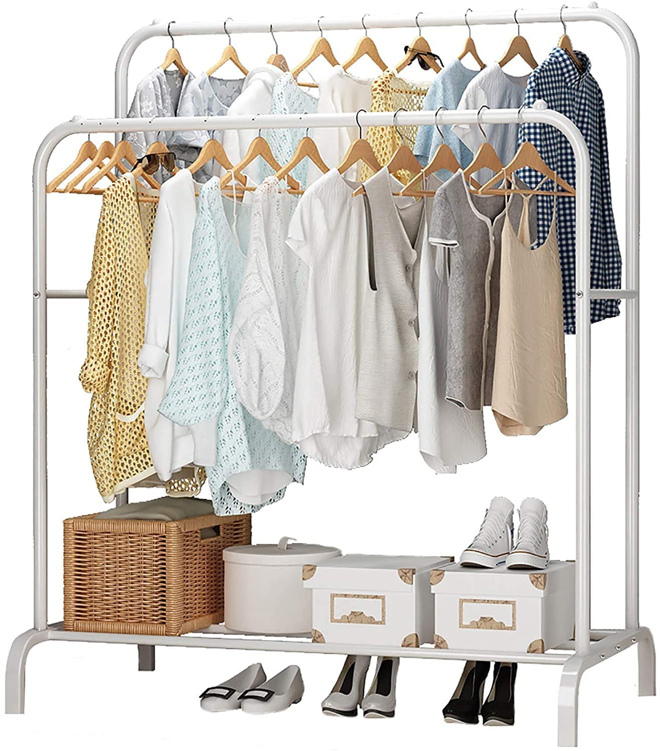 Classic Multipurpose Double Garment Rack Heavy Duty Metal Cloth Rail with 2 Bottom Shelf Coat Jacket Hanging Hanger Shoe Stand for Home, Hotel, Shop Wardrobe Space Organizer