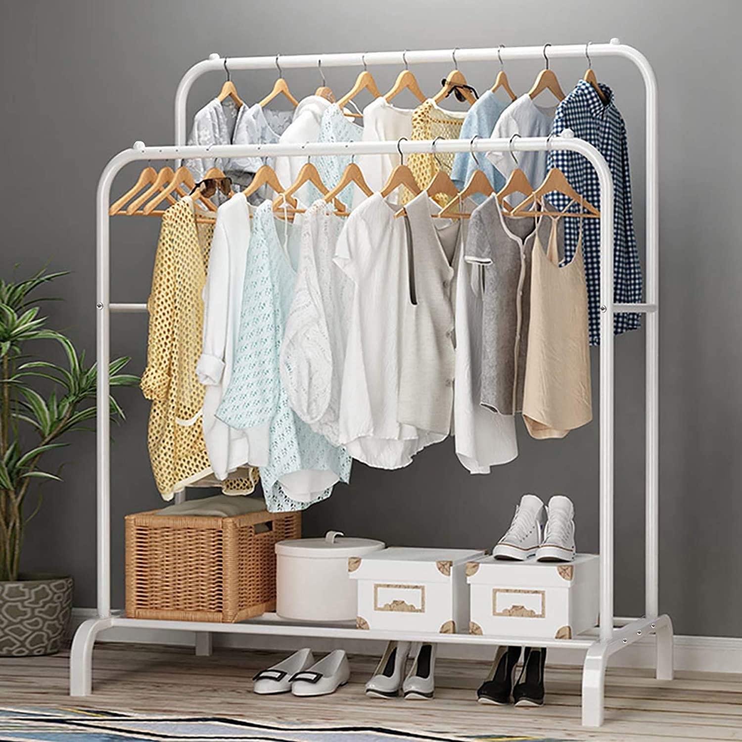 Classic Multipurpose Double Garment Rack Heavy Duty Metal Cloth Rail with 2 Bottom Shelf Coat Jacket Hanging Hanger Shoe Stand for Home, Hotel, Shop Wardrobe Space Organizer