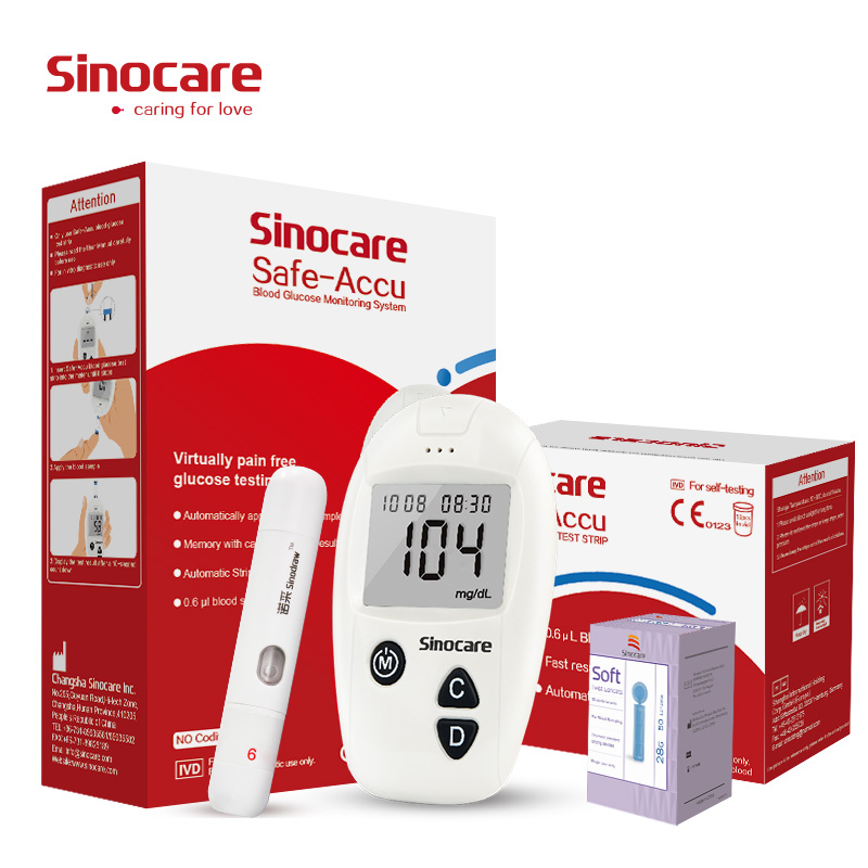 Sinocare Safe-Accu Blood Glucose Meter Glucometer Kit Diabetes Tester 50 Test Strips Lancets