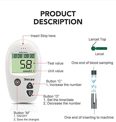 Sinocare Safe-Accu Blood Glucose Meter Glucometer Kit Diabetes Tester 50 Test Strips Lancets