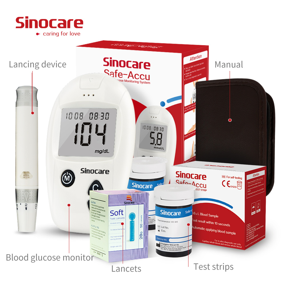 Sinocare Safe-Accu Blood Glucose Meter Glucometer Kit Diabetes Tester 50 Test Strips Lancets