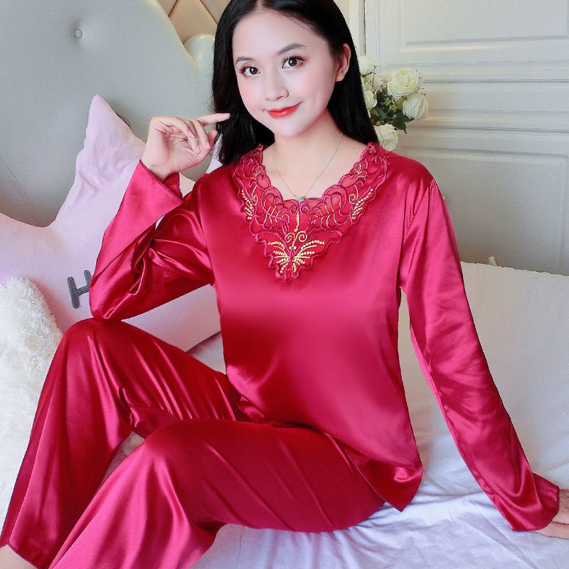 2PCS Fashion Pajamas Sets Women Lapel Imitation Silk Long Sleeve Wear Ladies Tops+Pant  Sleepwear