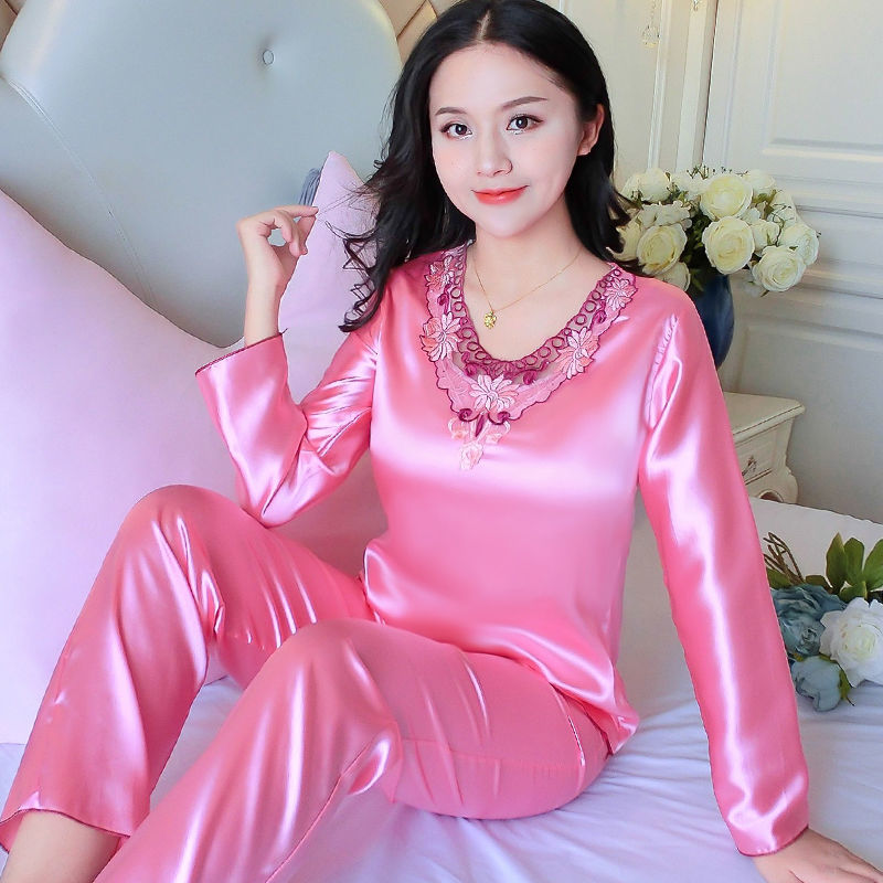 2PCS Fashion Pajamas Sets Women Lapel Imitation Silk Long Sleeve Wear Ladies Tops+Pant  Sleepwear