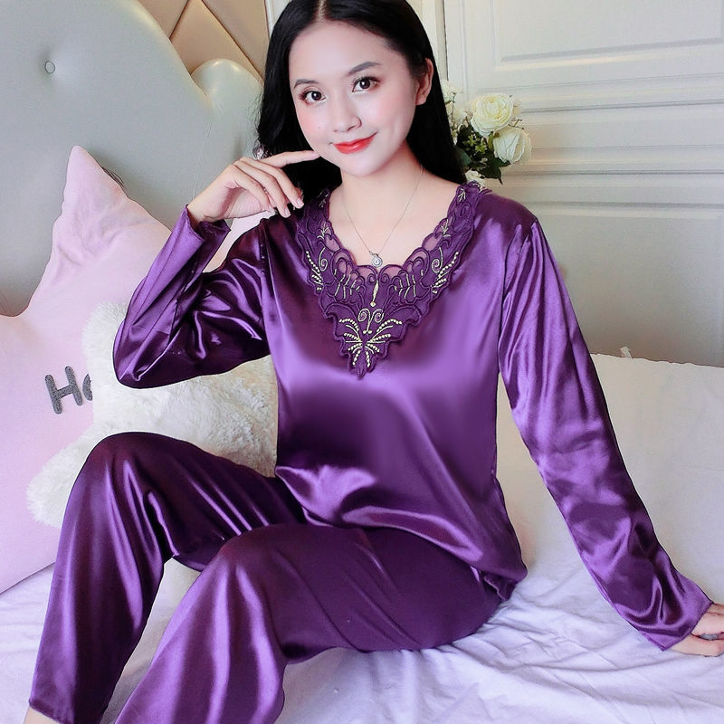 2PCS Fashion Pajamas Sets Women Lapel Imitation Silk Long Sleeve Wear Ladies Tops+Pant  Sleepwear