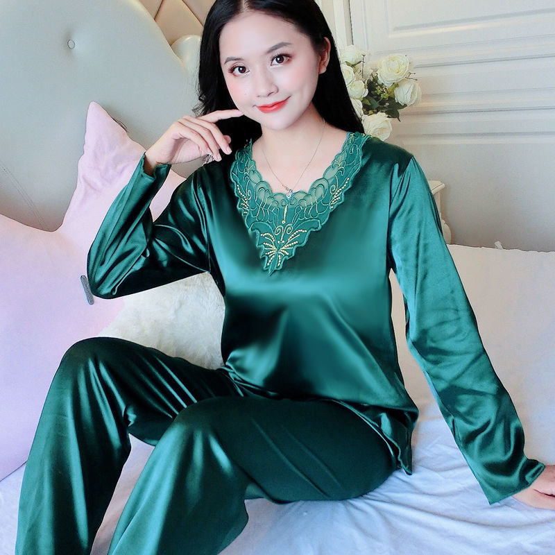 2PCS Fashion Pajamas Sets Women Lapel Imitation Silk Long Sleeve Wear Ladies Tops+Pant  Sleepwear