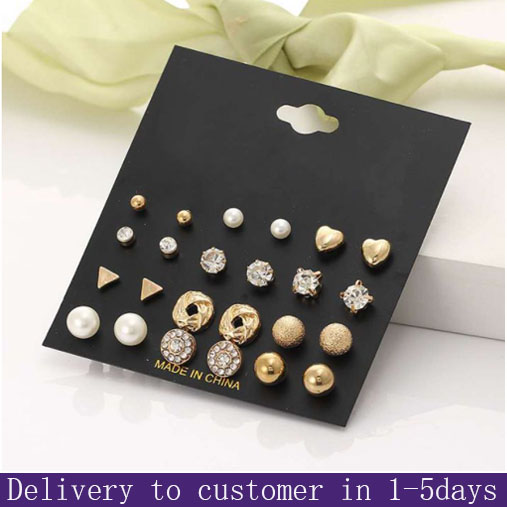 12pcs set earrings  Women&apos;s fashion jewelry earrings set with glass stone pearl earrings Fast delivery within 1-5 days