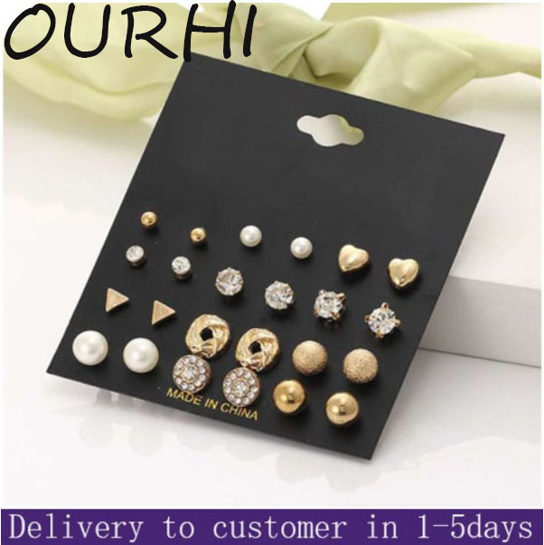 12pcs set earrings  Women&apos;s fashion jewelry earrings set with glass stone pearl earrings Fast delivery within 1-5 days