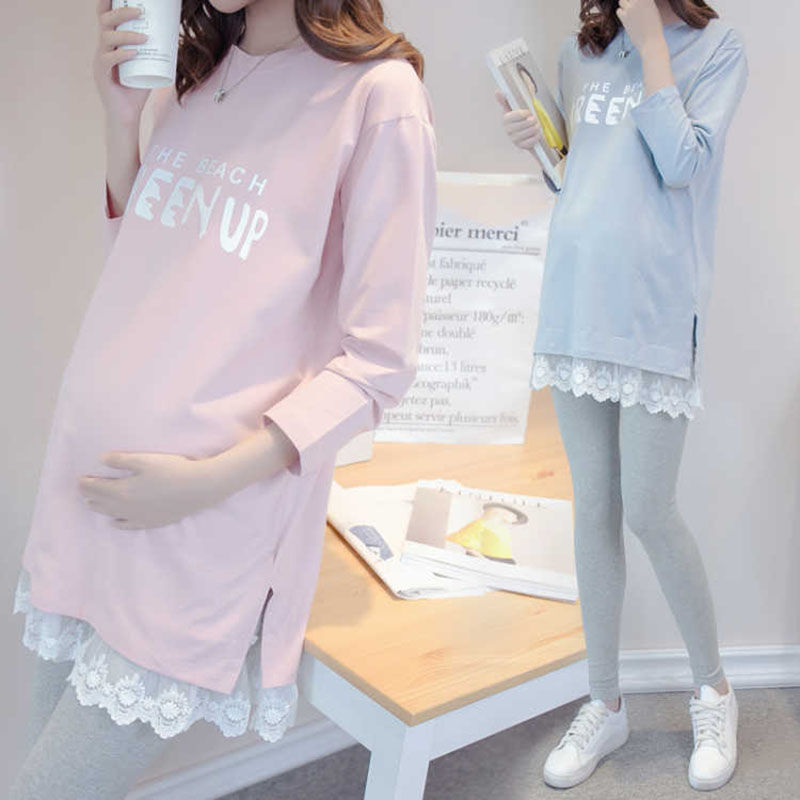 Pregnant women wear long sleeve Korean trousers skirt medium length Maternity Women Tops