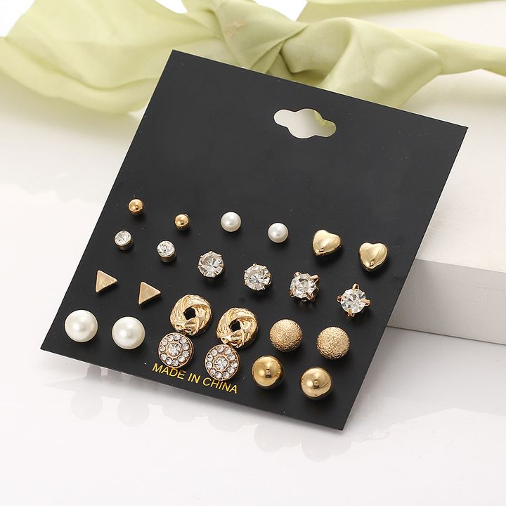 12pcs set earrings  Women&apos;s fashion jewelry earrings set with glass stone pearl earrings Fast delivery within 1-5 days