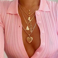 【Newest arrival】New necklace metal wind leaf Egyptian Pharaoh Queen Pyramid Peach Heart Pendant Multilayer Necklace Women Gold as picture