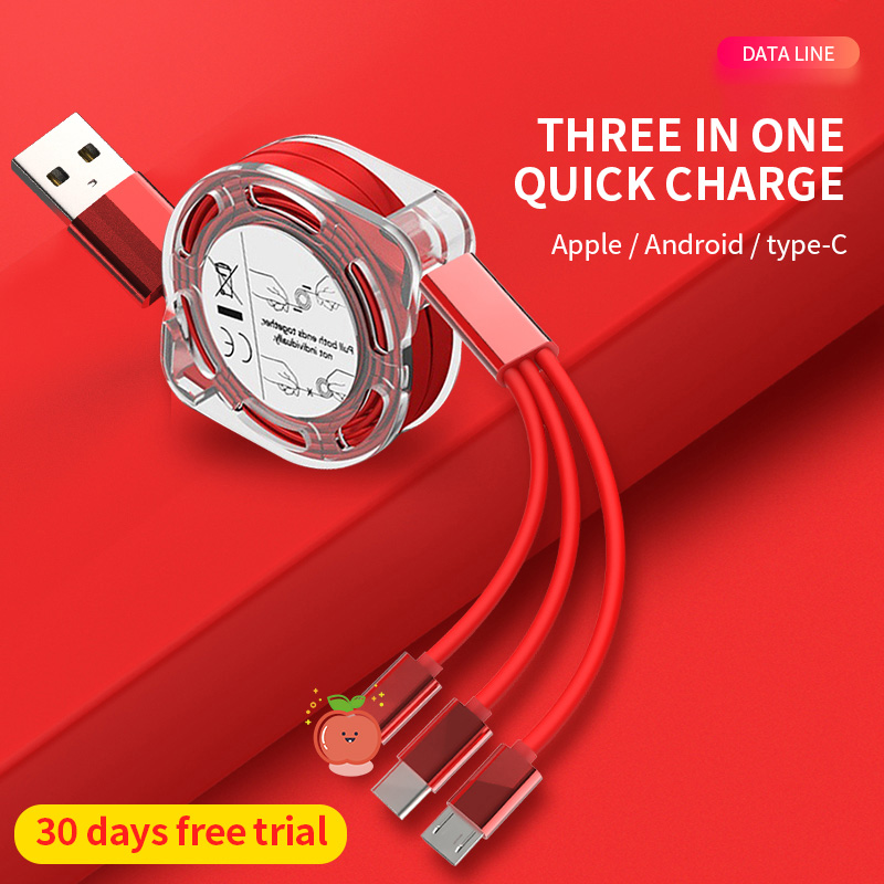 3in1 Retractable USB Type C Micro USB charge Cable for mobile phone Charger Cable 1m Fast Charging
