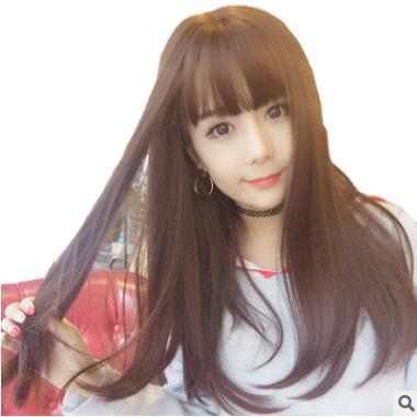 wig Ms Korean air Bangs Microroll Deduction Long straight hair Chemical fiber headgear wig