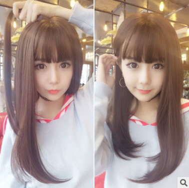 wig Ms Korean air Bangs Microroll Deduction Long straight hair Chemical fiber headgear wig