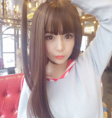 wig Ms Korean air Bangs Microroll Deduction Long straight hair Chemical fiber headgear wig
