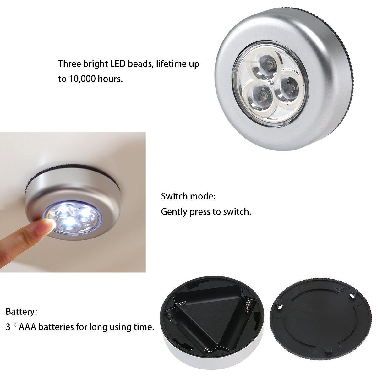 3 LED Battery Powered Wireless Night Light Stick Tap Touch Push Security Closet Cabinet Wall Lamp