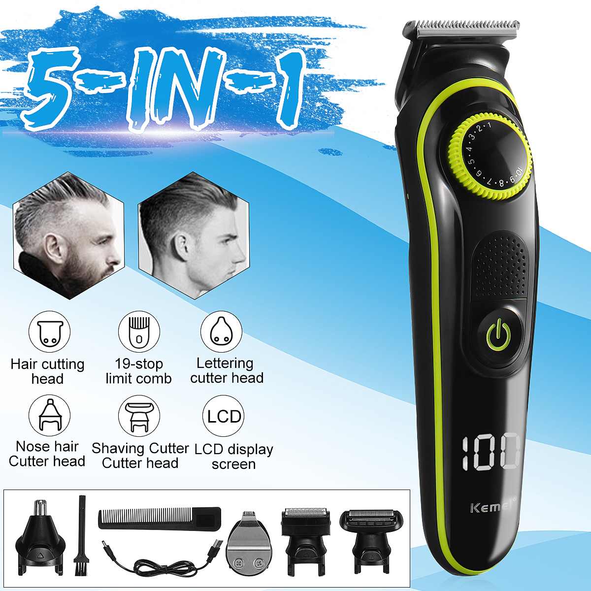 KM-696 Hair  Electric Hair Clippers Multifunctional USB Rechargeable Shaver LED Display