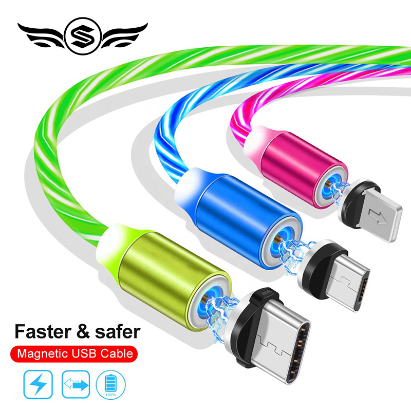 LED Lighting Fast Charging Magnetic USB Type C Cable Magnetic Cable USB Micro Charger Cable Wire