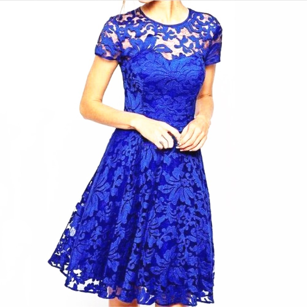 oioninos Solid Color Explosive Office Temperament Elegant Fashion Round Neck Short Sleeve Lace Dress