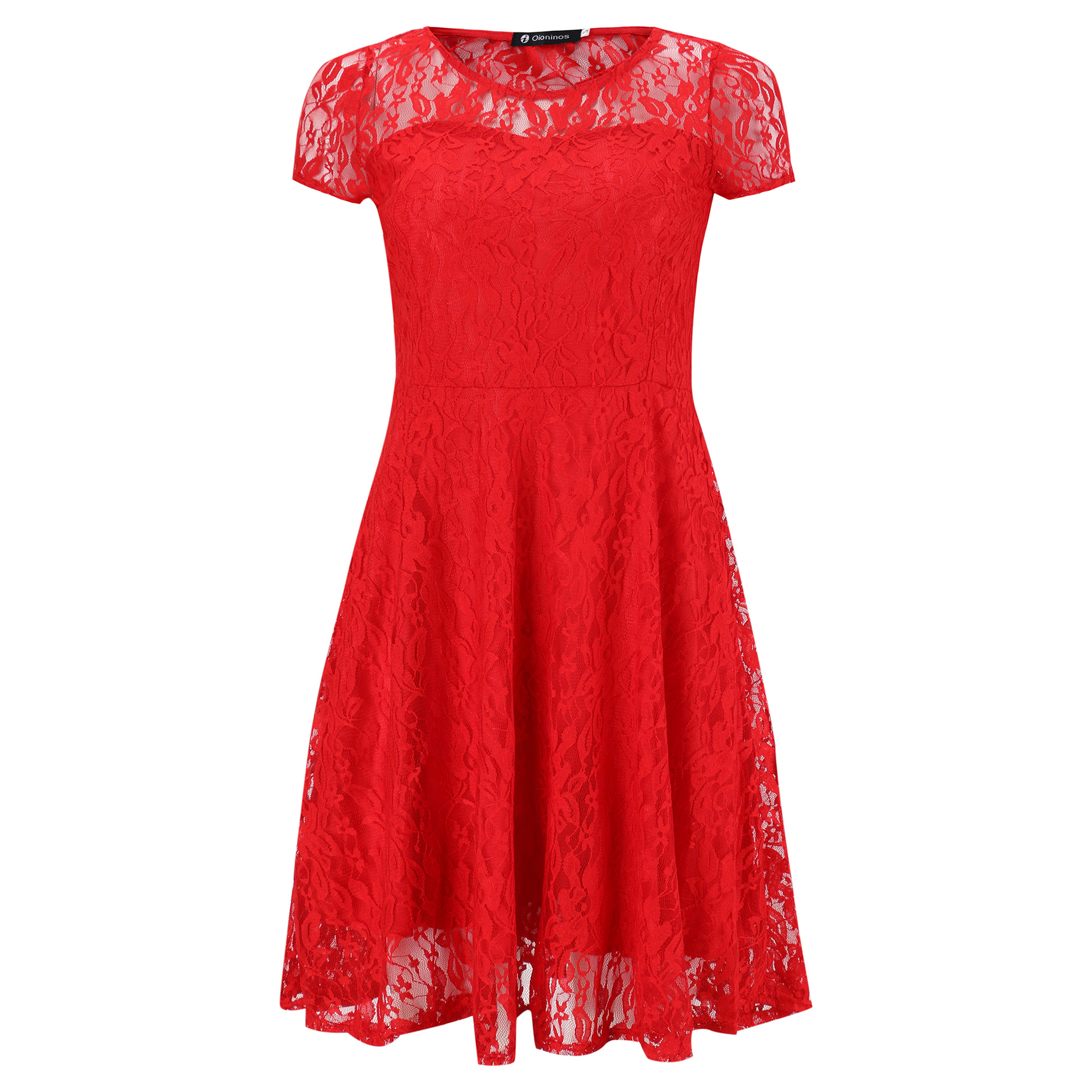 oioninos Solid Color Explosive Office Temperament Elegant Fashion Round Neck Short Sleeve Lace Dress