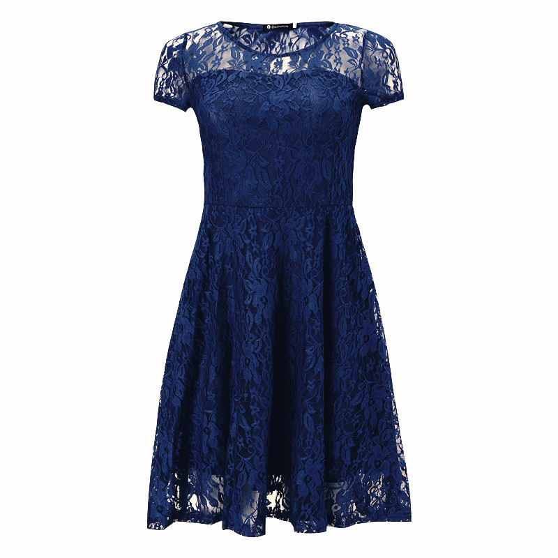 oioninos Solid Color Explosive Office Temperament Elegant Fashion Round Neck Short Sleeve Lace Dress