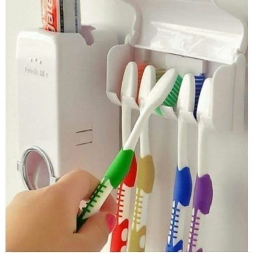 Touch Me Automatic Toothpaste Dispenser and 5 Toothbrush Holder Set - white