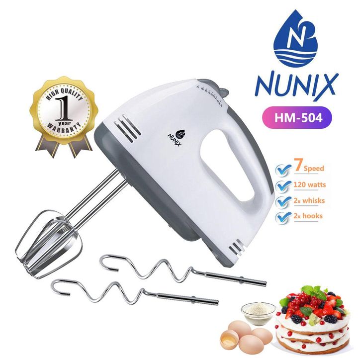Nunix Electric Hand Mixer 7 Speed with wire beaters and whisk, stainless steel nozzles, 120 watts