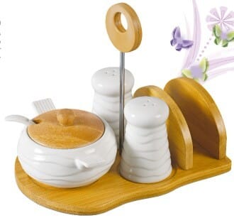 3 in 1 Sugar Dish, Serviette Holder and Salt Shaker + Free Bamboo Kitchen Stand