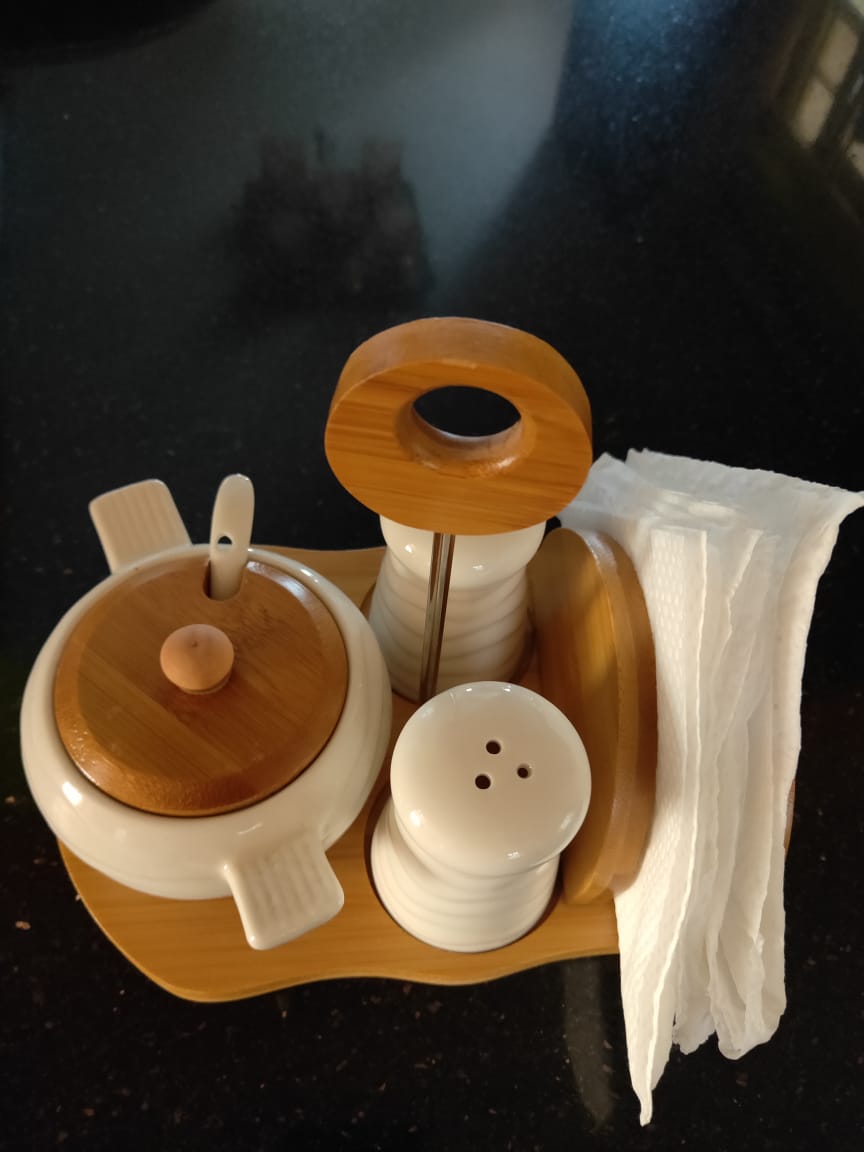 3 in 1 Sugar Dish, Serviette Holder and Salt Shaker + Free Bamboo Kitchen Stand