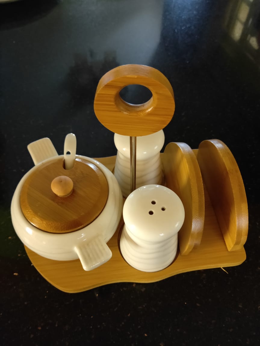 3 in 1 Sugar Dish, Serviette Holder and Salt Shaker + Free Bamboo Kitchen Stand