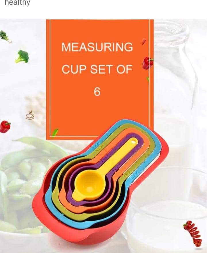 Set of 6 Colourful Kitchen Baking Measuring and Cooking Cups and Spoons