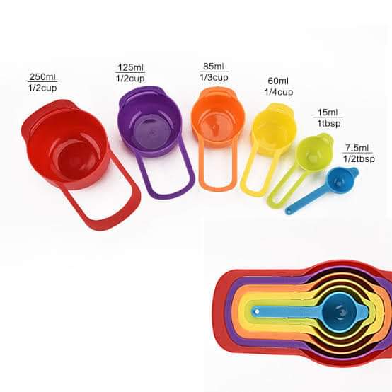Set of 6 Colourful Kitchen Baking Measuring and Cooking Cups and Spoons
