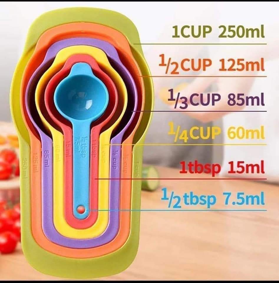 Set of 6 Colourful Kitchen Baking Measuring and Cooking Cups and Spoons