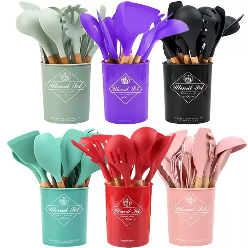 Classy High Quality 12 Pieces  Kitchen Silicon Spoon Set With Wooden Handles
