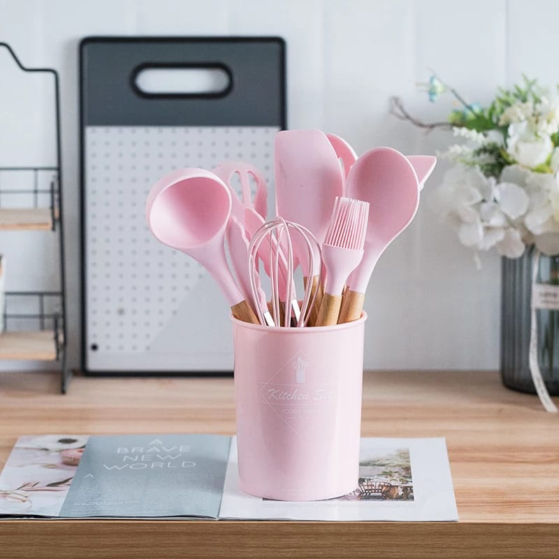 Classy High Quality 12 Pieces  Kitchen Silicon Spoon Set With Wooden Handles