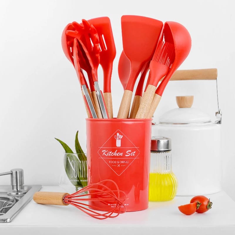 Classy High Quality 12 Pieces  Kitchen Silicon Spoon Set With Wooden Handles