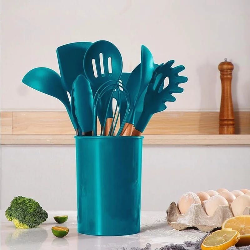 Classy High Quality 12 Pieces  Kitchen Silicon Spoon Set With Wooden Handles