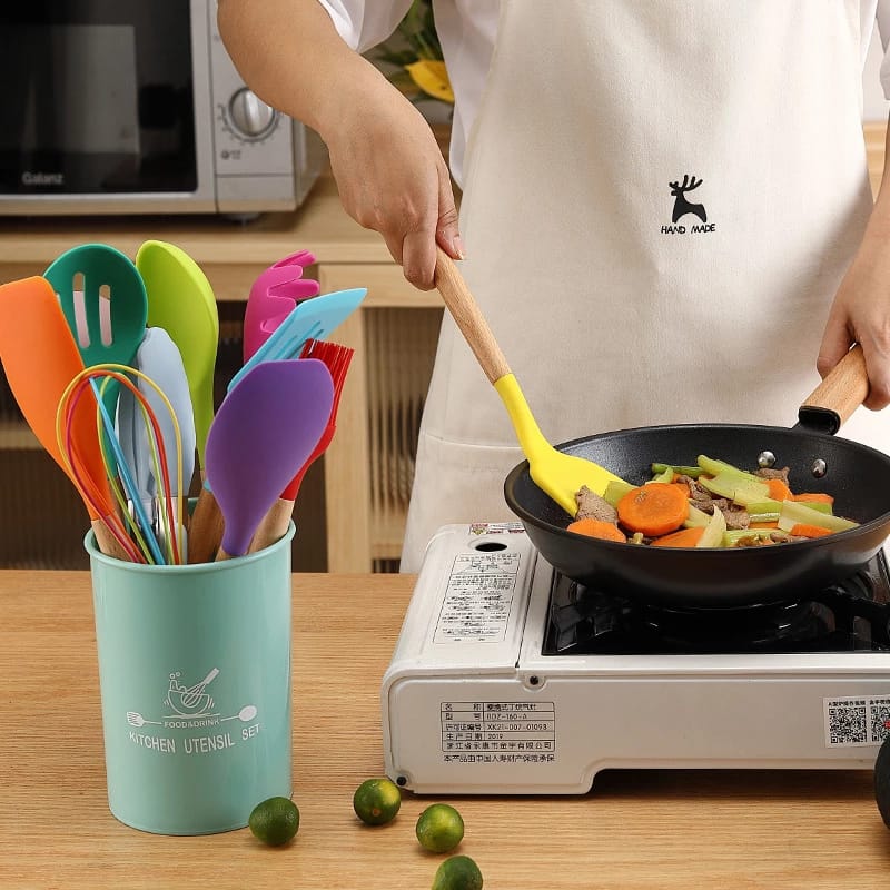 Classy High Quality 12 Pieces  Kitchen Silicon Spoon Set With Wooden Handles