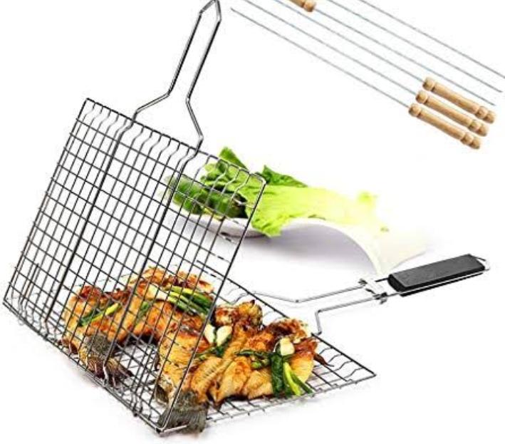 BBQ Berbeque Stainless Steel Mesh With Wooden Handle