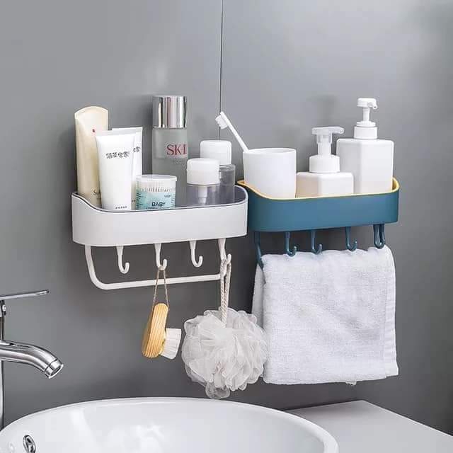 Heavy Plastic Rectangular Bathroom Shelf + 5 Hooks And Towel Hanger
