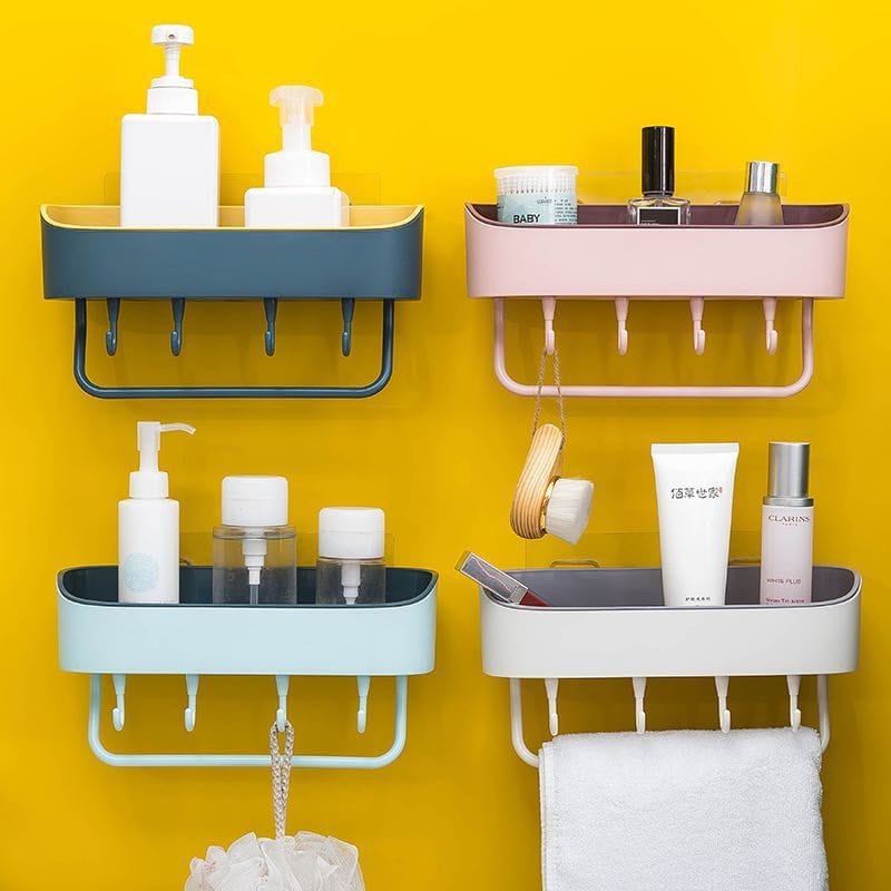 Heavy Plastic Rectangular Bathroom Shelf + 5 Hooks And Towel Hanger