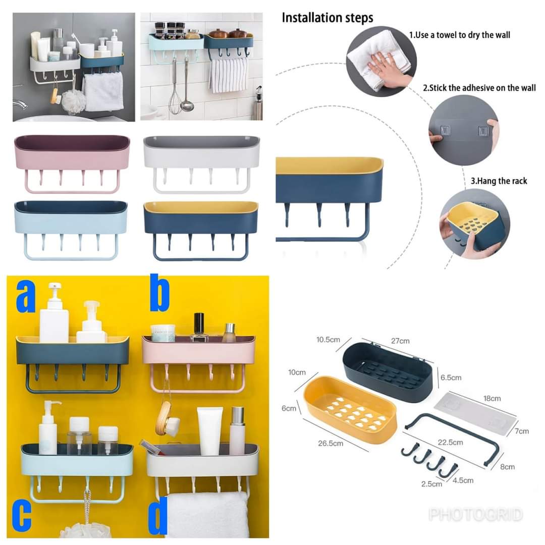 Heavy Plastic Rectangular Bathroom Shelf + 5 Hooks And Towel Hanger