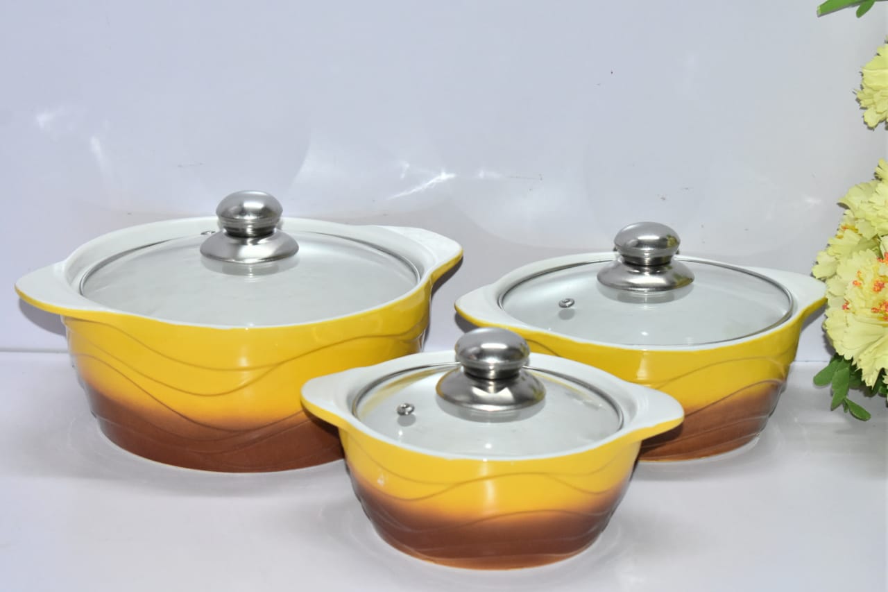 3 Pieces Set Kitchen Ceramic Serving Dishes With Glass Lids: 3, 2 &amp; 1.5 Litres