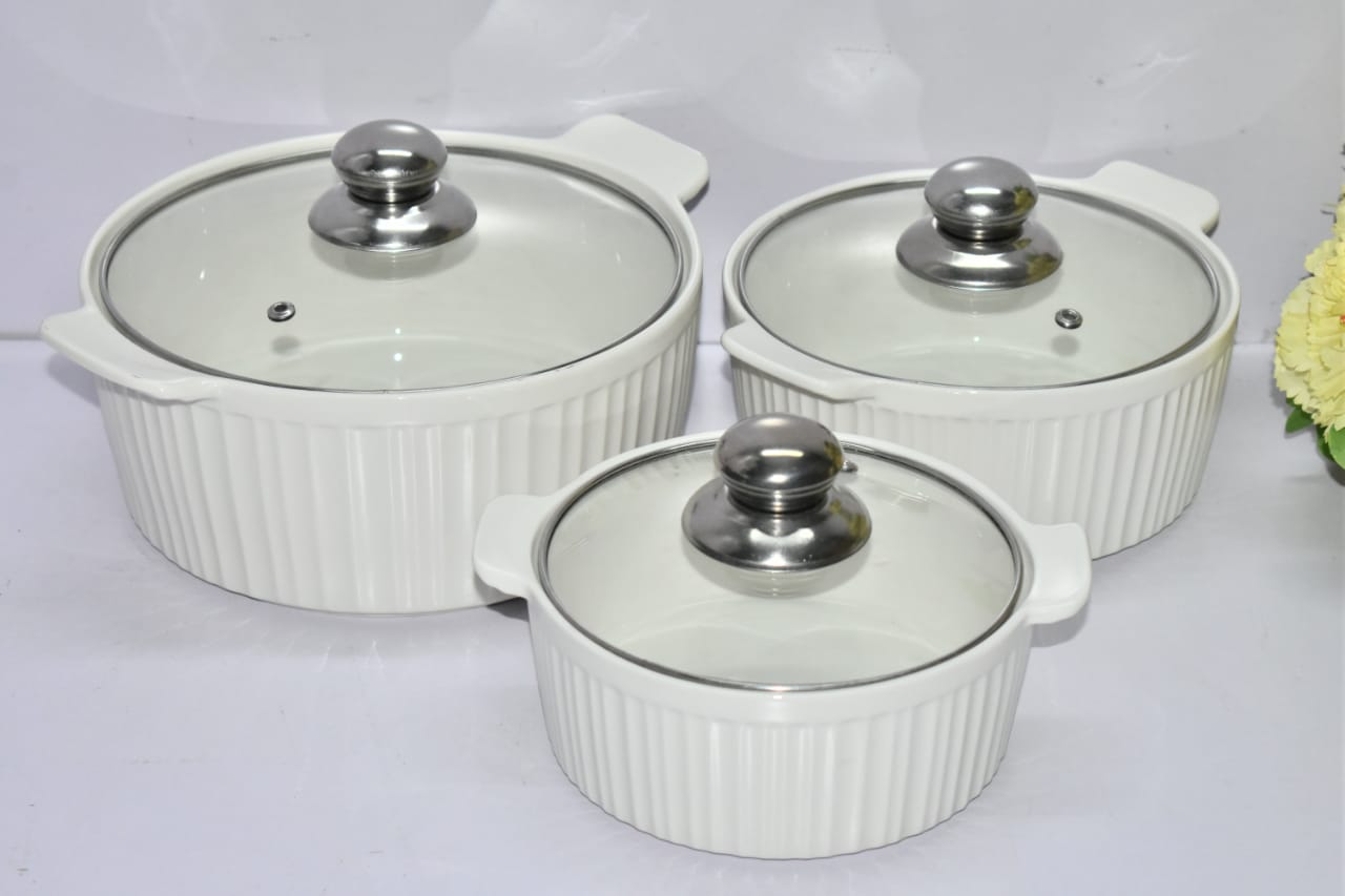 3 Pieces Set Kitchen Ceramic Serving Dishes With Glass Lids: 3, 2 &amp; 1.5 Litres
