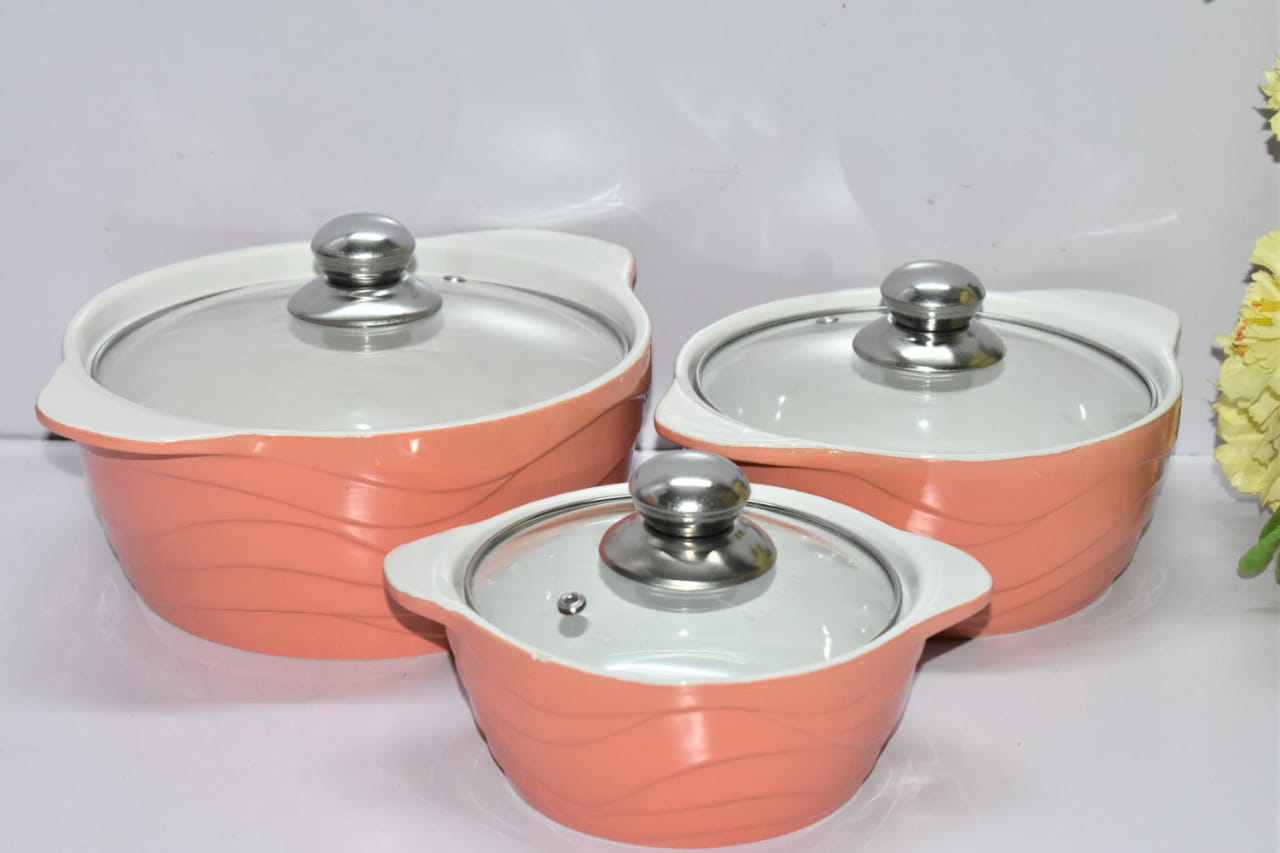 3 Pieces Set Kitchen Ceramic Serving Dishes With Glass Lids: 3, 2 &amp; 1.5 Litres